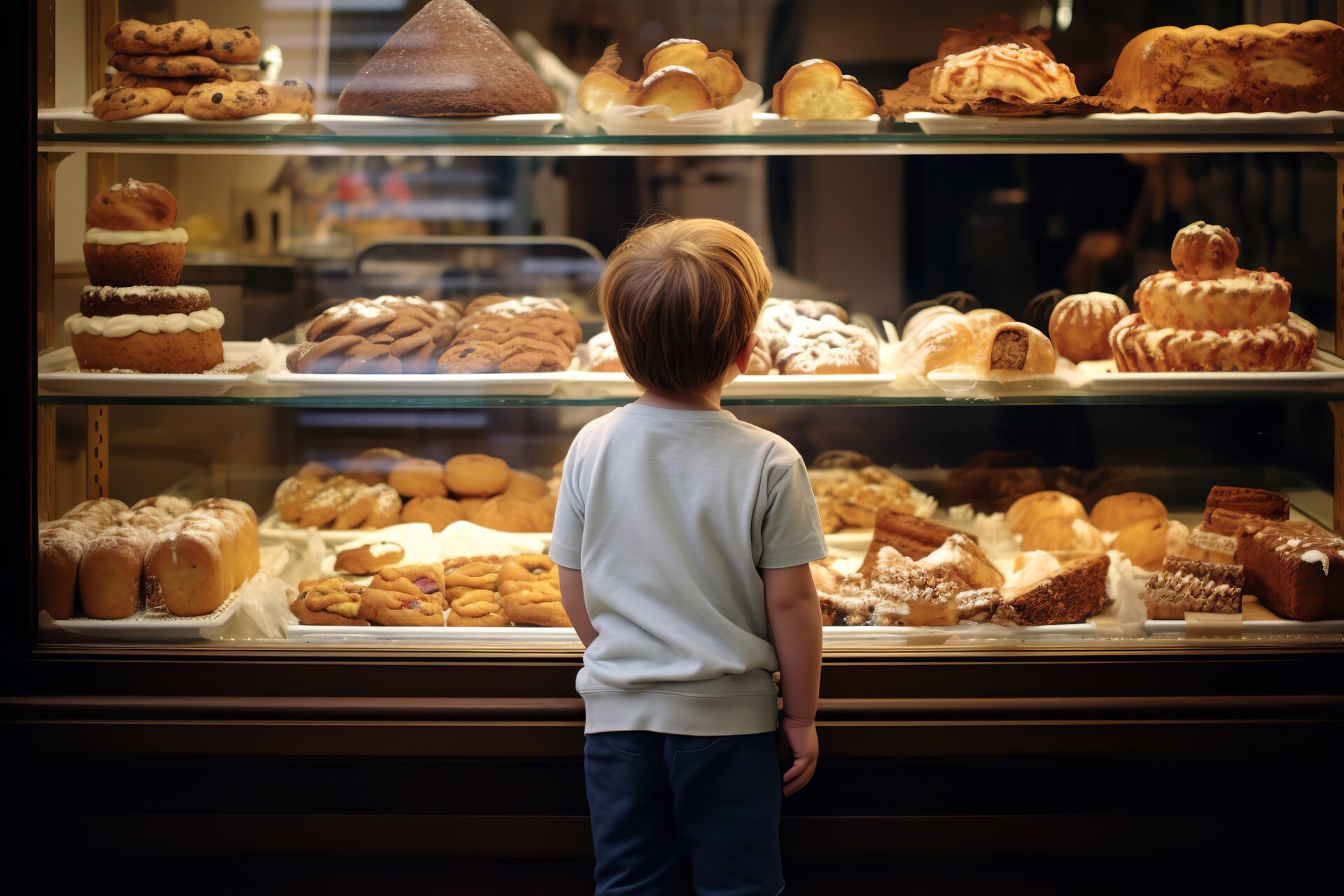 Aufnahme von einem Jungen der vor einer Brot- und Kuchentheke steht