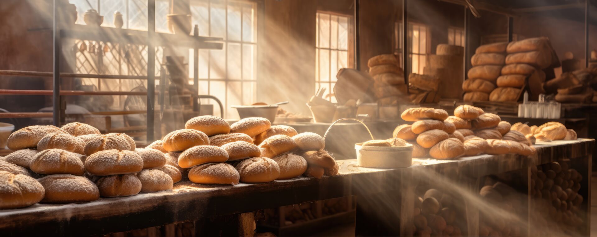 Eine Auslage mit frischen Brötchen in einer Bäckerei.