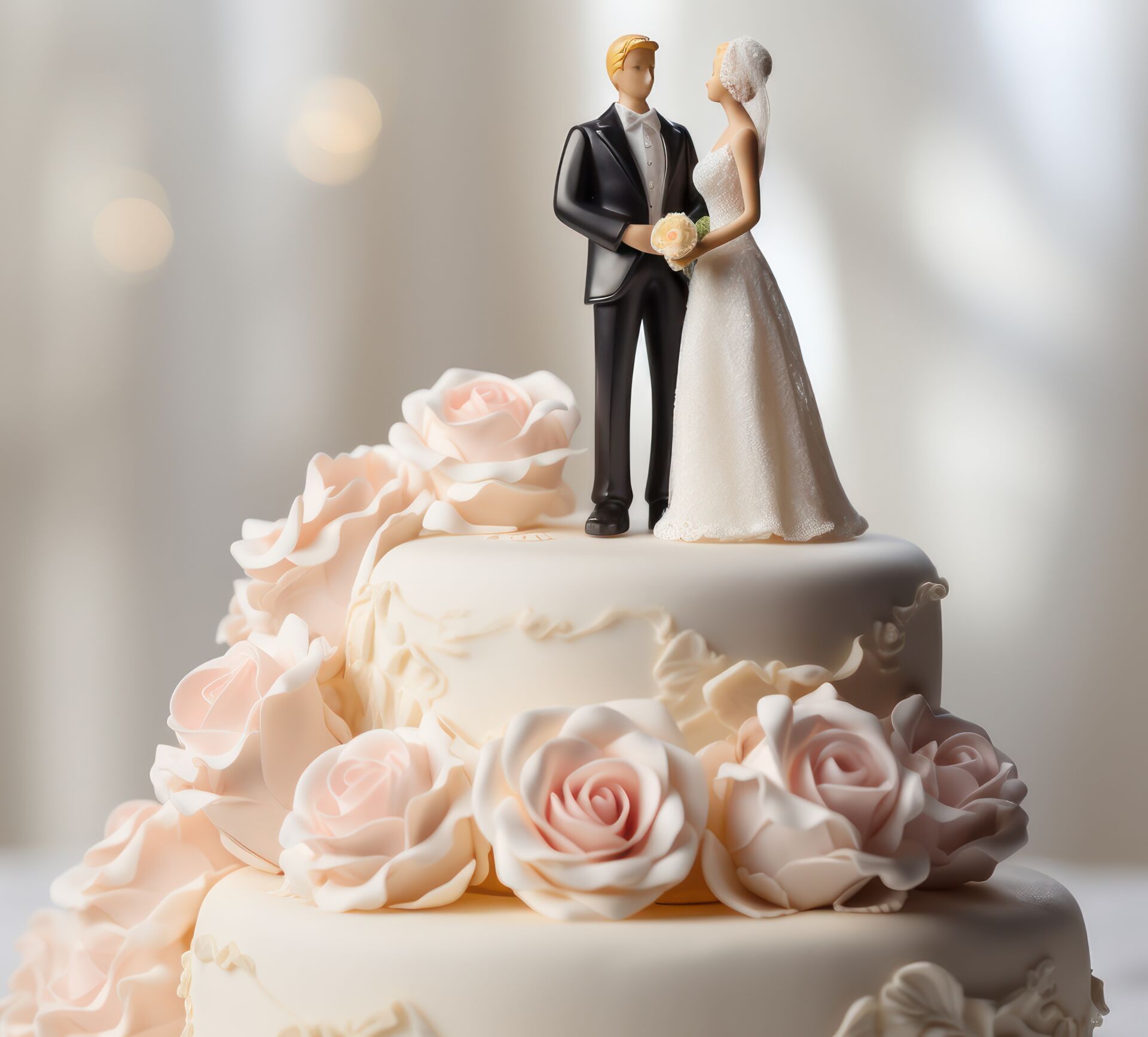Hochzeittorte mit einem Brautpaar oben drauf