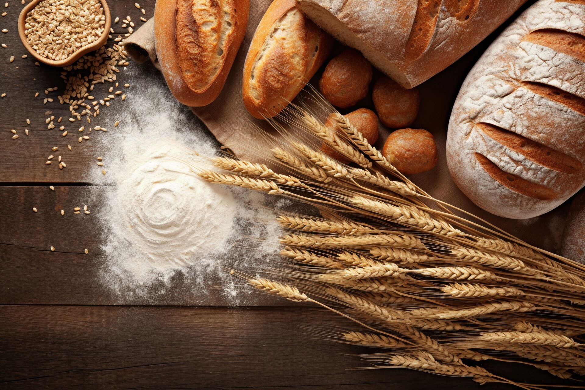 Verschiedene Brotsorten, Mehl und Getreide auf einem Tisch.