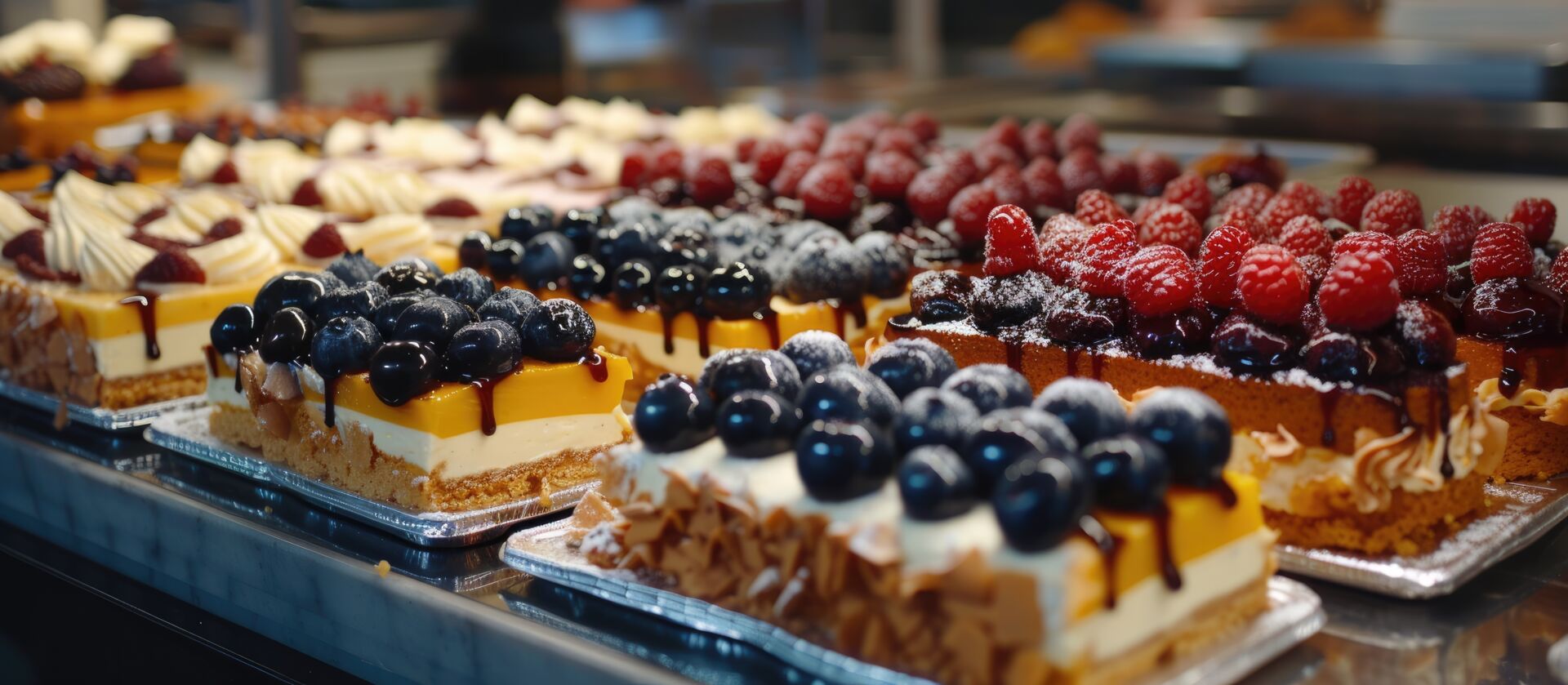 Eine Auslage mit verschiedenen Kuchen und Torten in einer Bäckerei.